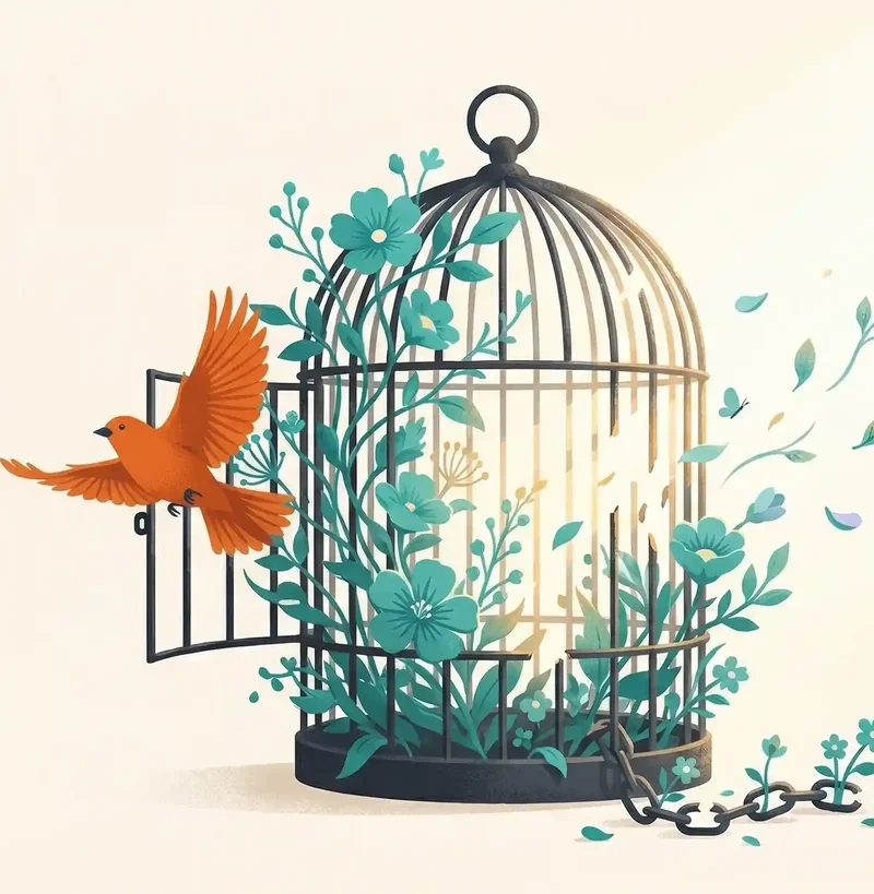Bird breaking free from a cage — symbolizing freedom from trauma bonds